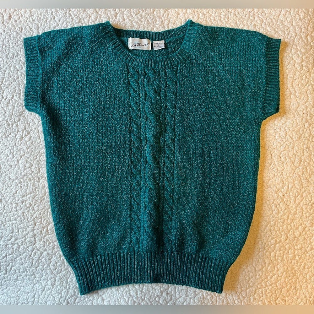 Vintage Liz Thomas Teal Blue Green Short Sleeve Sweater, Cable Knit. Women Small